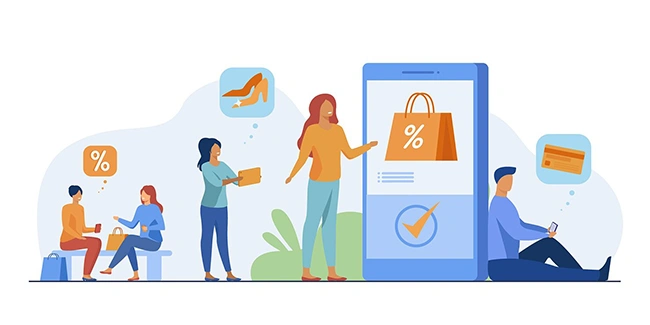 Illustration of people shopping with discount and price tag icons around a phone, representing optimized product listings with custom labels