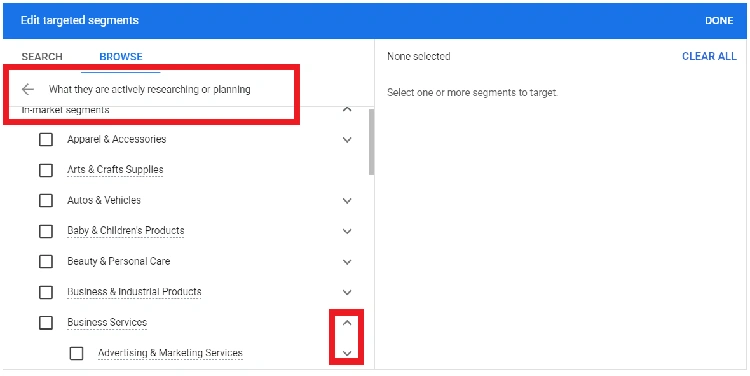 Google Ads interface showing in-market audience segments list with categories like apparel, autos and business services to target