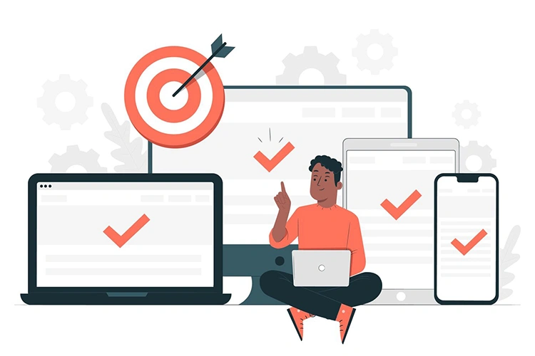 Man with a laptop sitting between a desktop, tablet and smartphone all showing checkmarks, with an ad target above for cross-device campaign setup