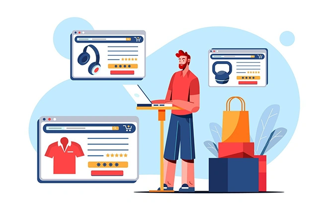 Illustration of a person with a shopping checklist and approval icons, representing the process of adding free product listings on Google