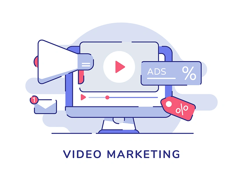 Illustration of a video player with an ads tag and megaphone, representing YouTube video advertising as a low-cost B2B audience testing tool for remarketing