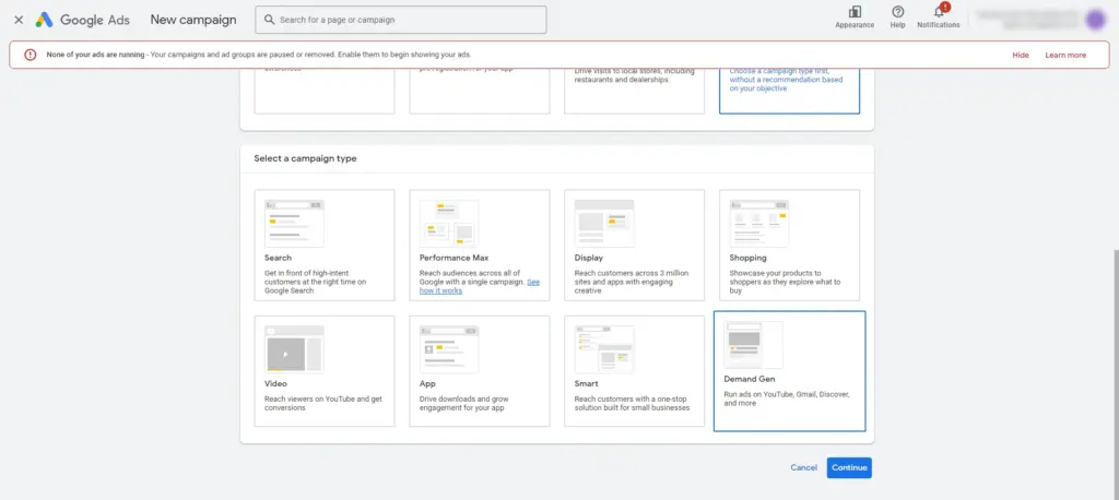 Google Ads interface showing campaign type selection with Demand Gen option highlighted in blue