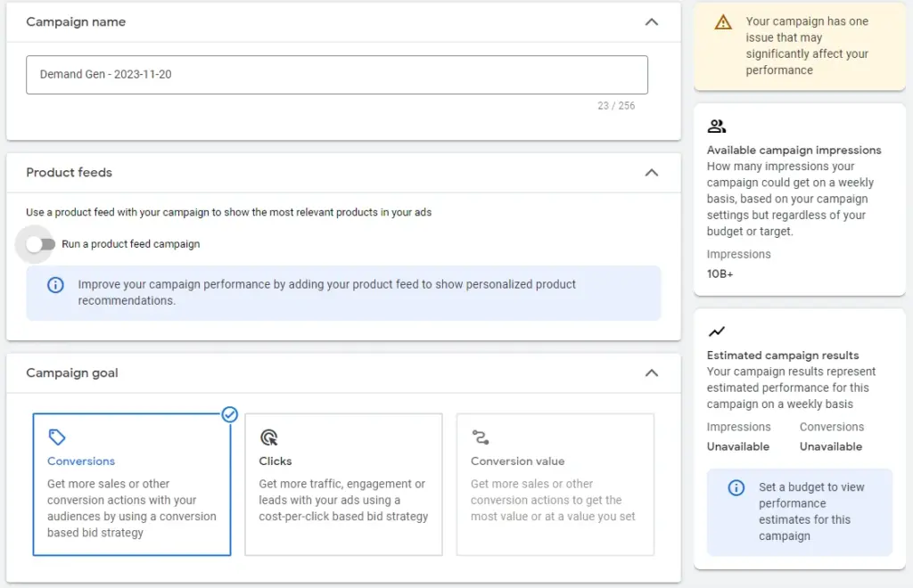 Google Ads Demand Gen campaign settings showing campaign goal options, product feeds and estimated impressions panel