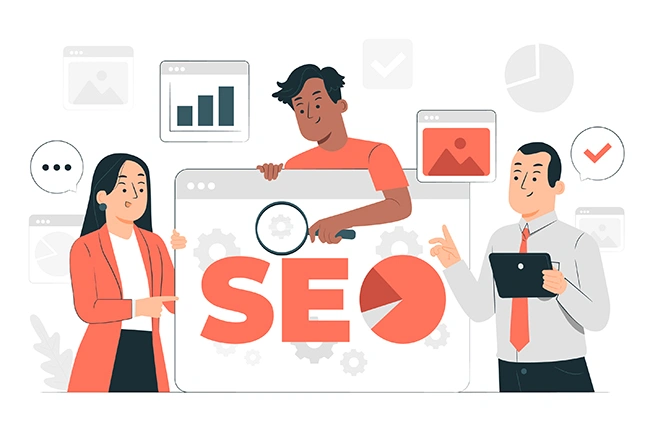 SEO team analyzing search performance with charts and magnifying glass Three specialists analyzing SEO results with a magnifying glass, bar charts and a tablet around a browser window with SEO text