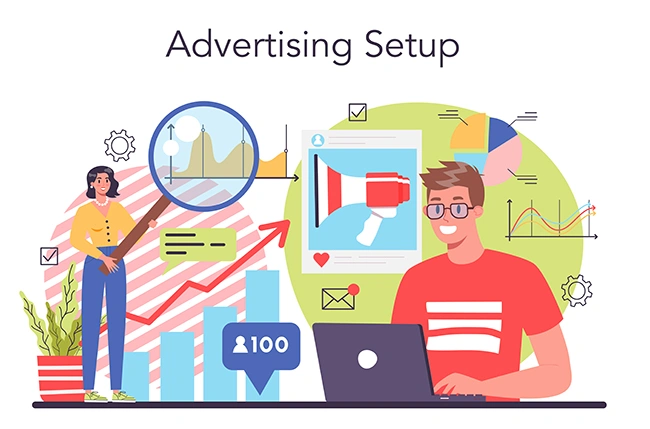 Advertising setup process with campaign analytics and audience growth Two people setting up an advertising campaign with growth charts, a megaphone visual and audience counter showing 100 followers