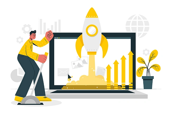 Ad campaign launch with rocket and rising performance growth chart Man launching a rocket from a laptop screen with rising arrows and growth charts, representing a successful ad campaign launch