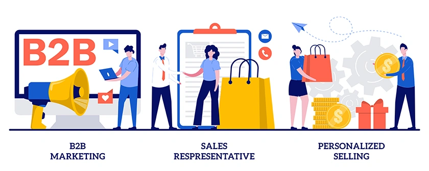 Illustration of B2B marketing, sales representative, and personalized selling concepts, representing the five key approaches to reaching a B2B target audience with PPC