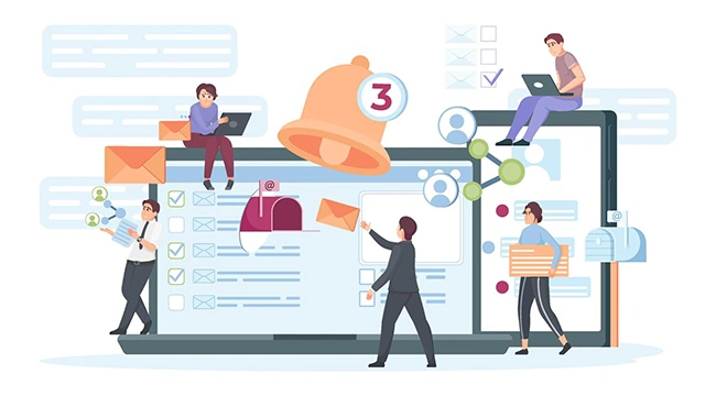 People managing email and notification icons across devices, representing how email lists are used to separate remarketing and retargeting audiences