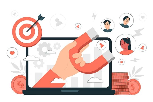 Magnet pulling customer icons toward a laptop, representing a retargeting strategy aimed at acquiring new customers