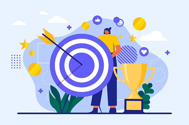 Marketer aiming at a target next to a trophy, representing retargeting's focus on converting new potential customers