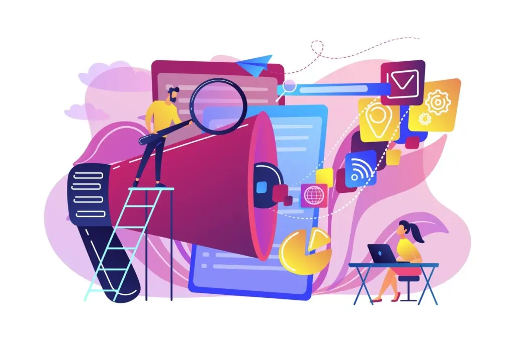 Illustration of marketers analyzing a megaphone with a magnifying glass and channel icons, representing the ongoing review of negative keywords to protect PPC budgets