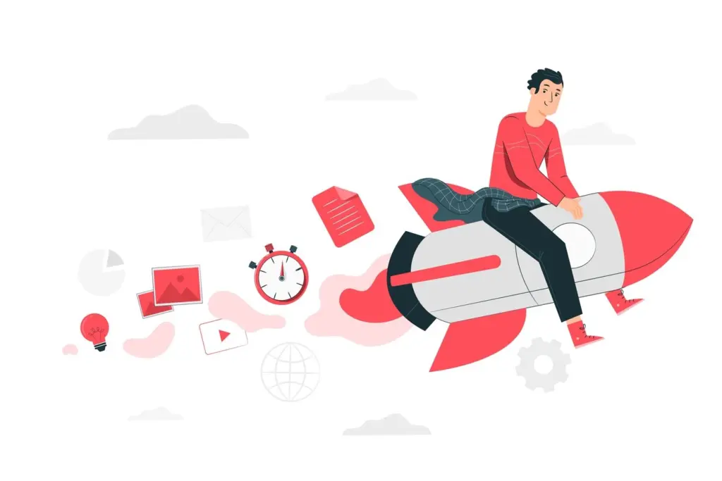 Illustration of a person riding a rocket with marketing icons, representing the launch of alternative PPC strategies beyond standard campaign settings