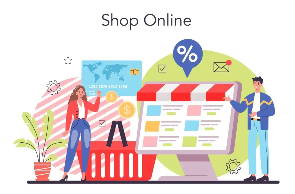 Illustration of people managing an online shop catalog with discount and payment icons, representing monthly Google Merchant Center feed updates to improve campaign ROI