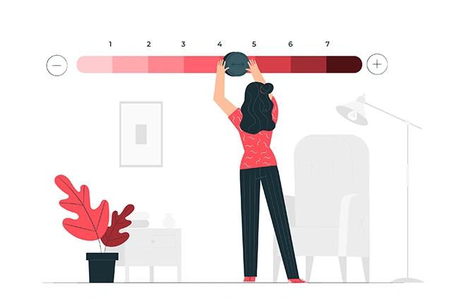 Woman adjusting a rating scale slider from 1 to 7, showing how businesses can fine-tune their review response intensity
