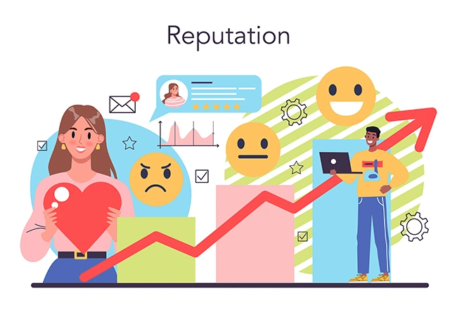 Two people managing brand reputation with emoji reactions, star ratings and a growth chart showing positive sentiment trend