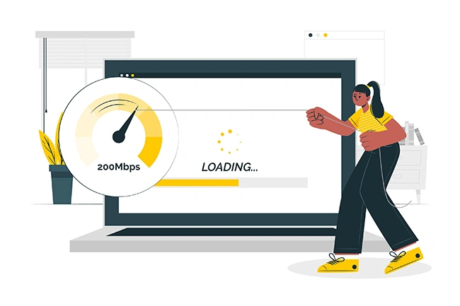 Woman standing next to a laptop showing 200Mbps speedometer and loading screen, illustrating website speed impact on user experience