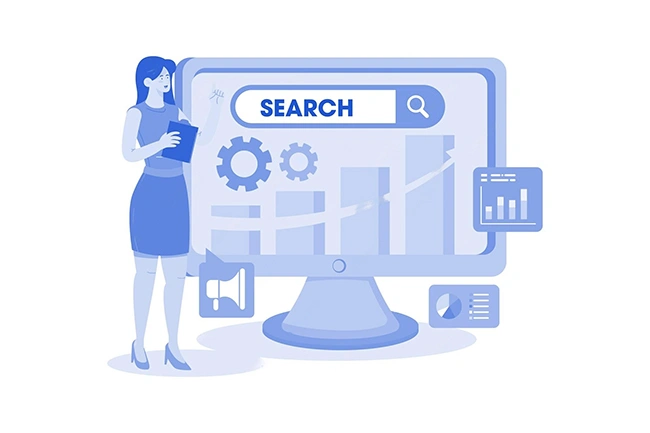 Woman with a tablet standing next to a monitor showing a search bar, growth chart and analytics widgets for SEO campaign tracking