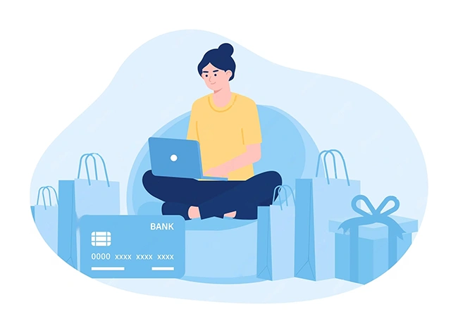 Woman sitting with a laptop surrounded by shopping bags, gift boxes and a bank card, representing online shopping via paid ads