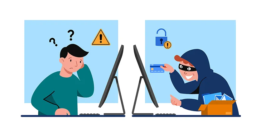 Hacker stealing data from a confused user illustrating the risks behind low quality spam traffic