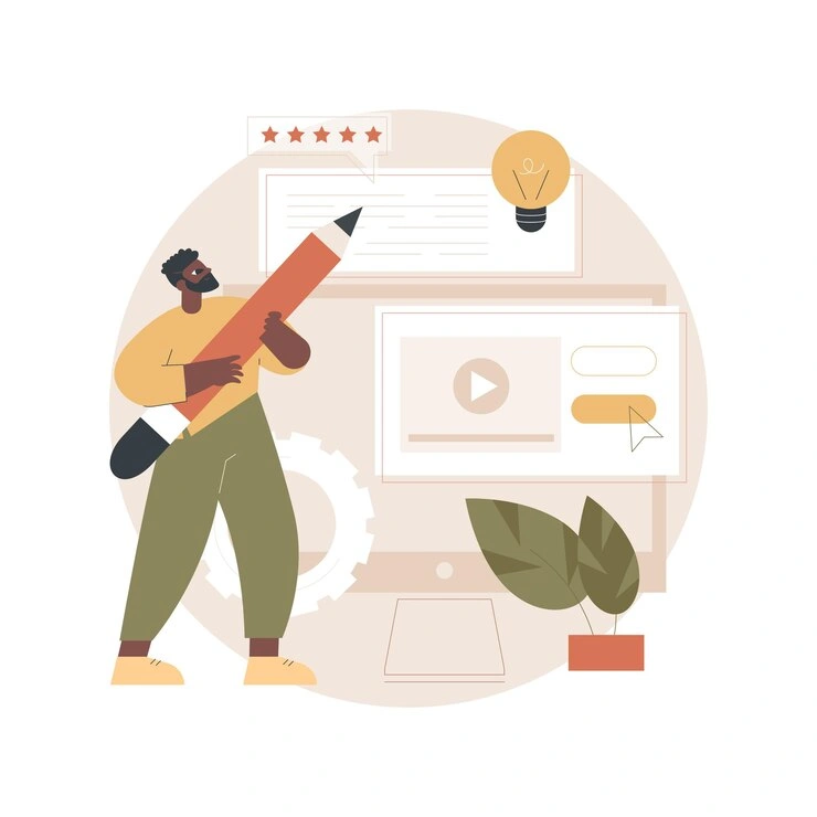 Illustration of a person writing content with a star rating and video player nearby, representing quality blog content creation for a website