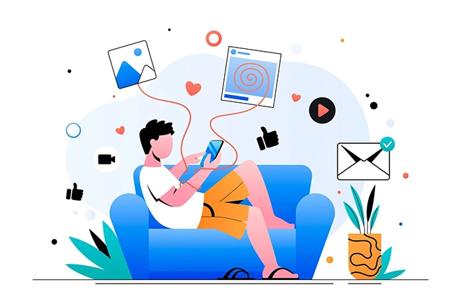 Illustration of a person on a couch interacting with social media icons on a phone, representing social media advertising tracking