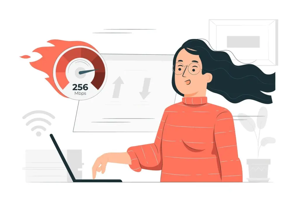 Illustration of a person checking website loading speed with a 256 Mbps gauge, representing page speed optimization before launching Google Ads