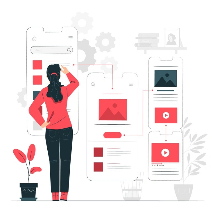 Illustration of a person reviewing smartphone UI mockups, representing mobile-friendliness testing for a website