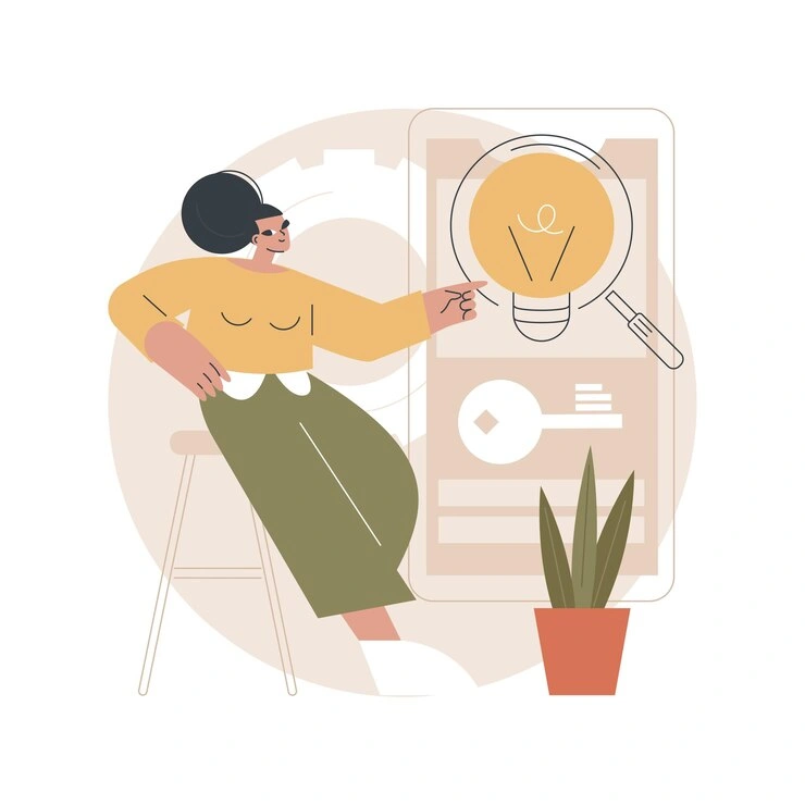 Illustration of a person examining a lightbulb under a magnifying glass with a key icon, representing keyword analysis and negative keyword selection in Google Ads