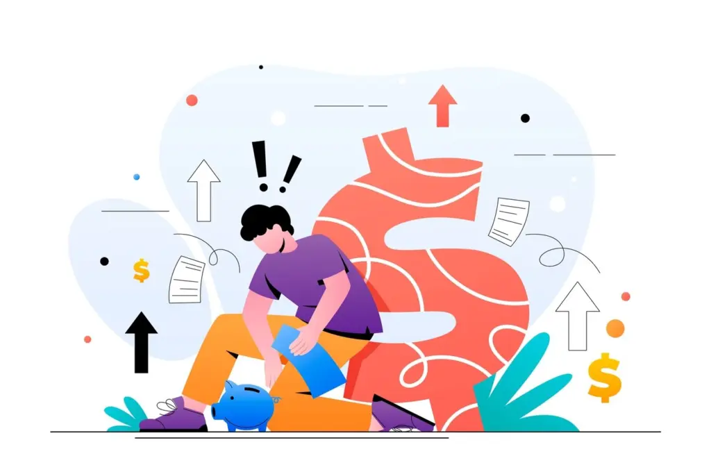 Illustration of a person managing a piggy bank next to a large dollar sign with rising arrows, representing daily and monthly budget optimization in Google Ads