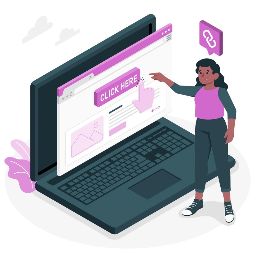 Illustration of a person pointing at a Click Here button on a laptop screen, representing CTR measurement and ad quality evaluation in Google Ads