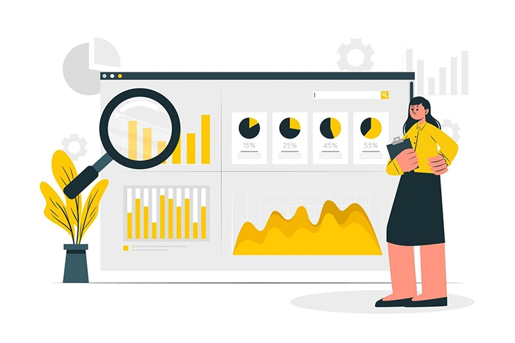 Illustration of a marketer reviewing a dashboard with charts and a magnifying glass, representing Google Analytics data analysis for campaign optimization