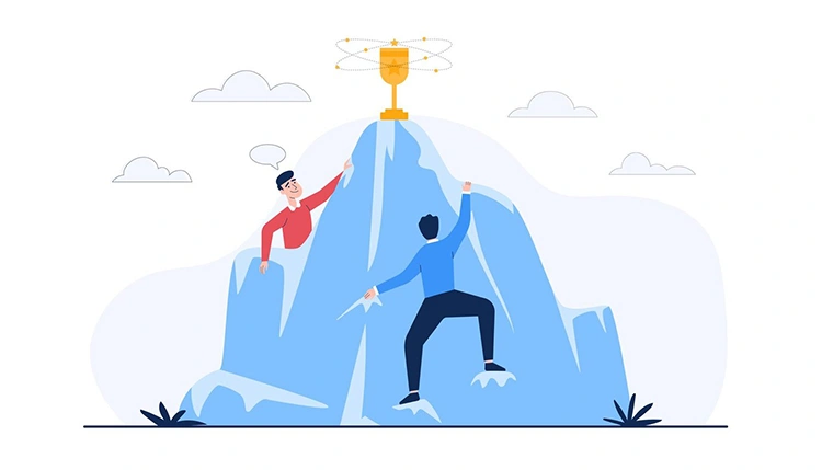 Two people climbing an icy mountain toward a golden trophy, showing the competitive race for top ad positions