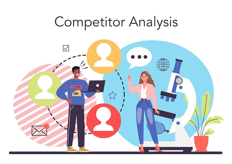 Two analysts researching competitor profiles with a microscope and laptop, illustrating competitor analysis process