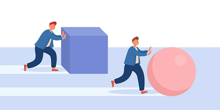 One person pushing a heavy cube while another rolls a sphere easily, showing smarter vs harder approach to ad competition