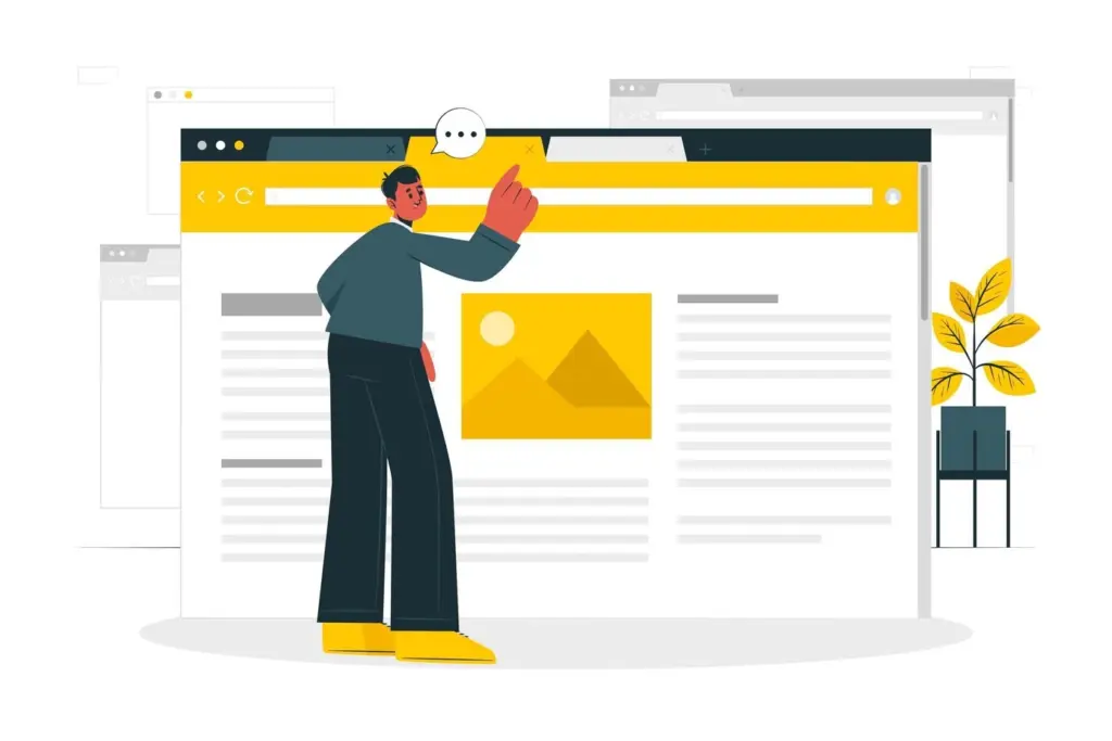 Illustration of a person pointing at a webpage in a browser, representing the setup of search ad headlines and descriptions that fit within character limits