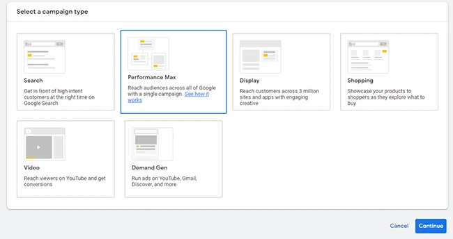 Google Ads campaign type selection screen with Performance Max option highlighted in blue among Search, Display and Shopping