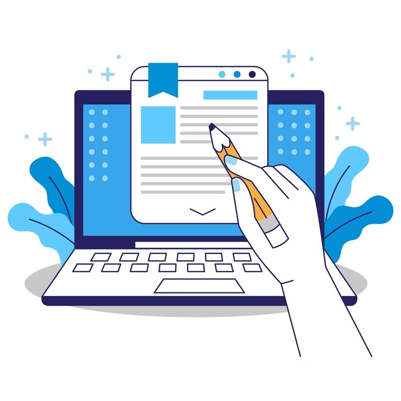 Hand holding a pencil over a document on a laptop screen, representing the process of writing and optimizing search ad headlines to avoid costly mistakes