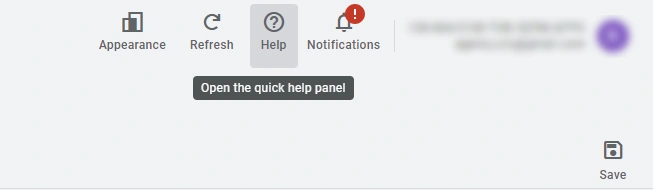 Google Ads toolbar showing the Help button with a tooltip to open the quick help panel for campaign assistance