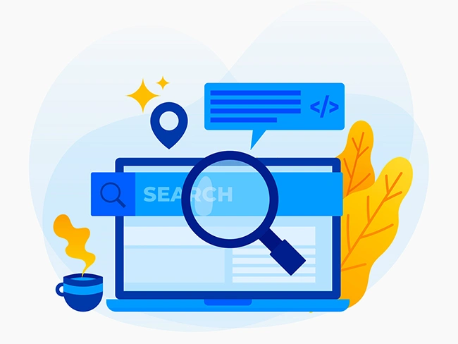 Laptop with a search bar and magnifying glass, location pin and code tag icons showing local search and SEO targeting setup