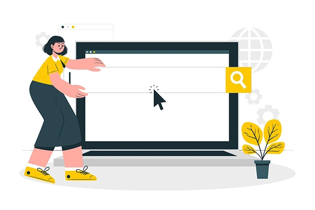 Woman interacting with a large laptop screen showing a cursor and search button, representing user behavior on search pages