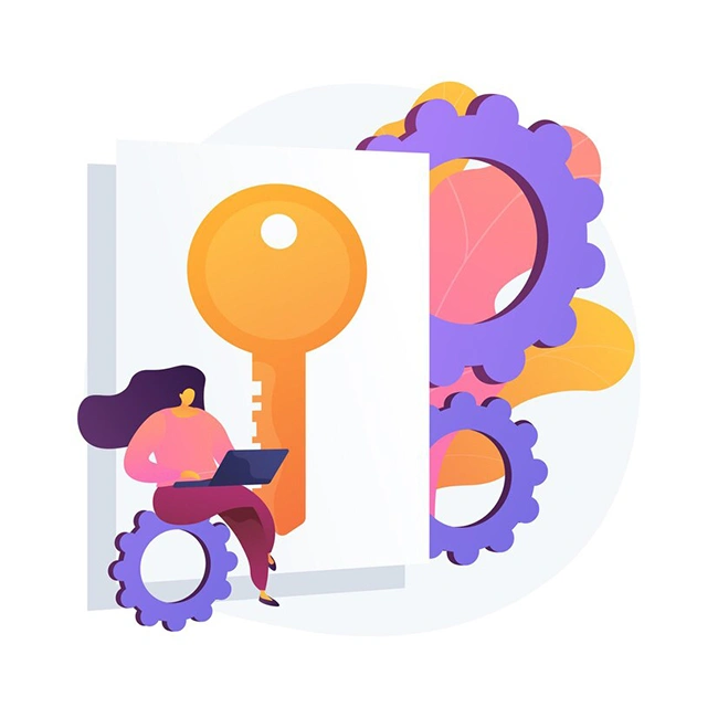 Woman sitting with a laptop next to a large golden key and purple gears, representing keyword strategy and search algorithm mechanics