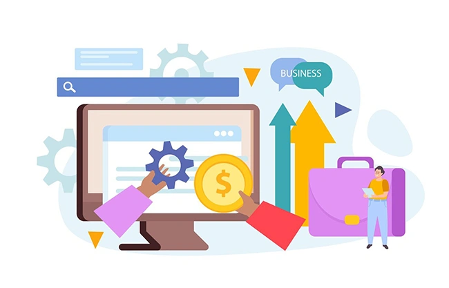 Business website monetization setup with growth indicators and settings Hands adjusting a gear and dollar coin on a monitor screen with business growth arrows and a briefcase in the background
