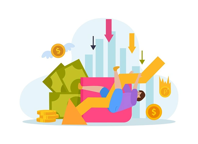 Ad budget loss with declining campaign performance and falling metrics Person falling among downward arrows, flying money and declining bar charts, showing poor ad campaign budget performance