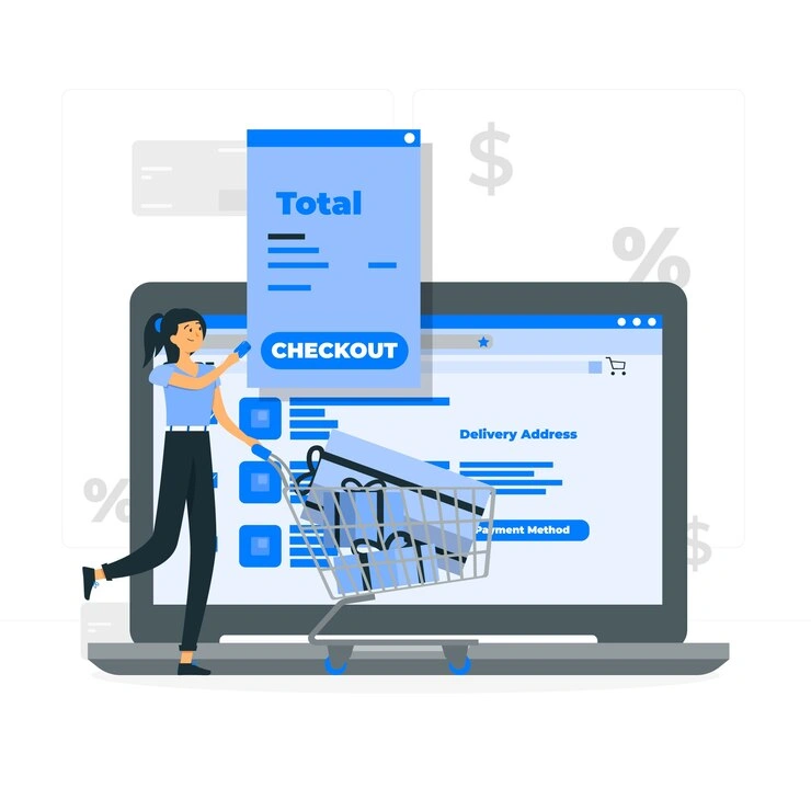 Illustration of a woman at a checkout screen with a shopping cart, representing conversion goals in a Google Ads campaign