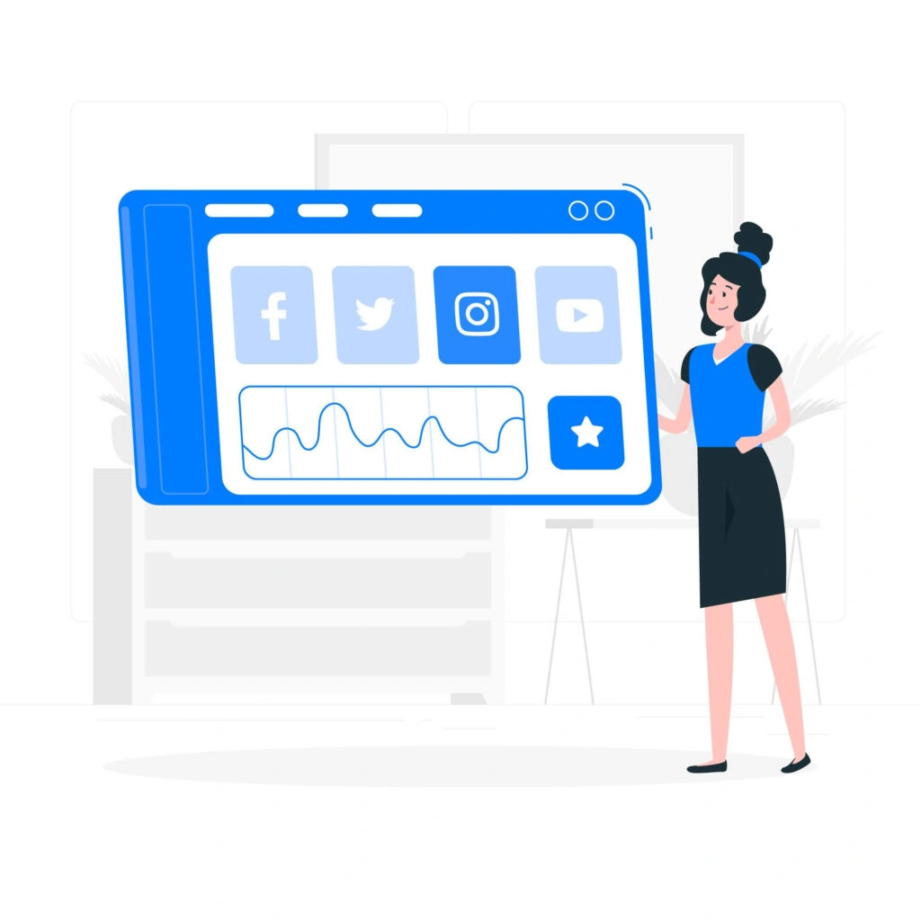 Woman standing next to a large blue dashboard showing Facebook, Twitter, Instagram and YouTube icons with an engagement activity graph