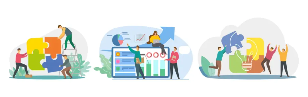 Three scenes showing teams assembling puzzle pieces, analyzing dashboard metrics and brainstorming ideas with a light bulb