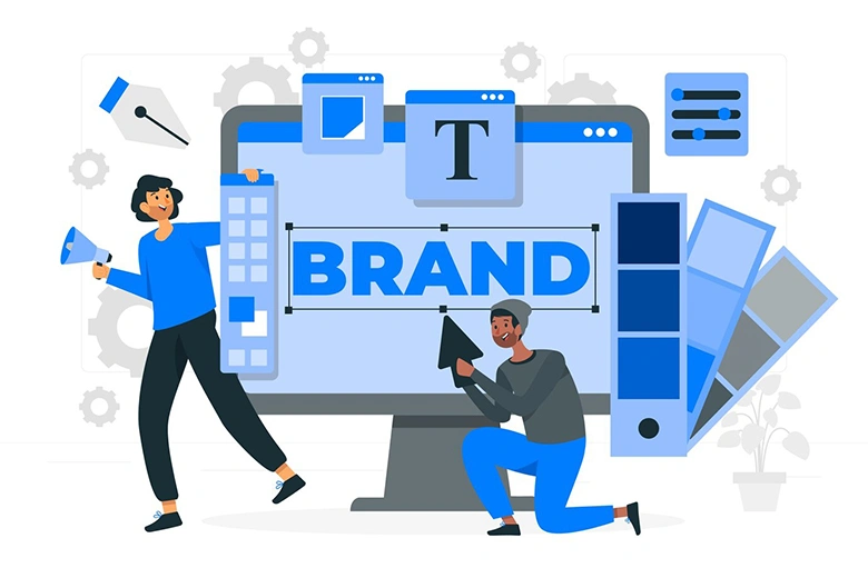 Two people working on brand identity design using typography, color palettes and digital tools on a monitor