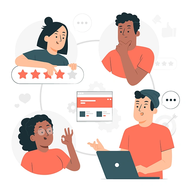 Four people discussing product reviews and star ratings around a laptop, representing customer feedback analysis process