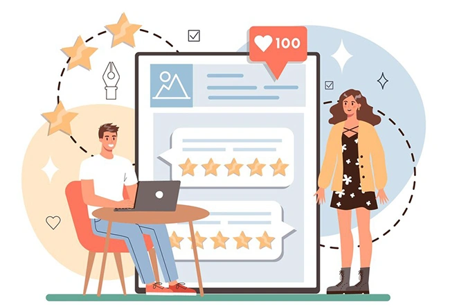 Man at laptop and woman standing next to a product card with five-star reviews and 100 likes notification