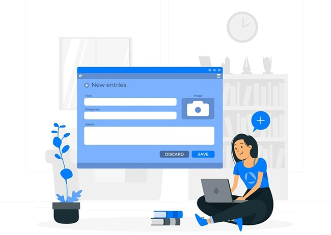 Woman sitting on the floor filling out a new entry form on a laptop with title, categories and image fields